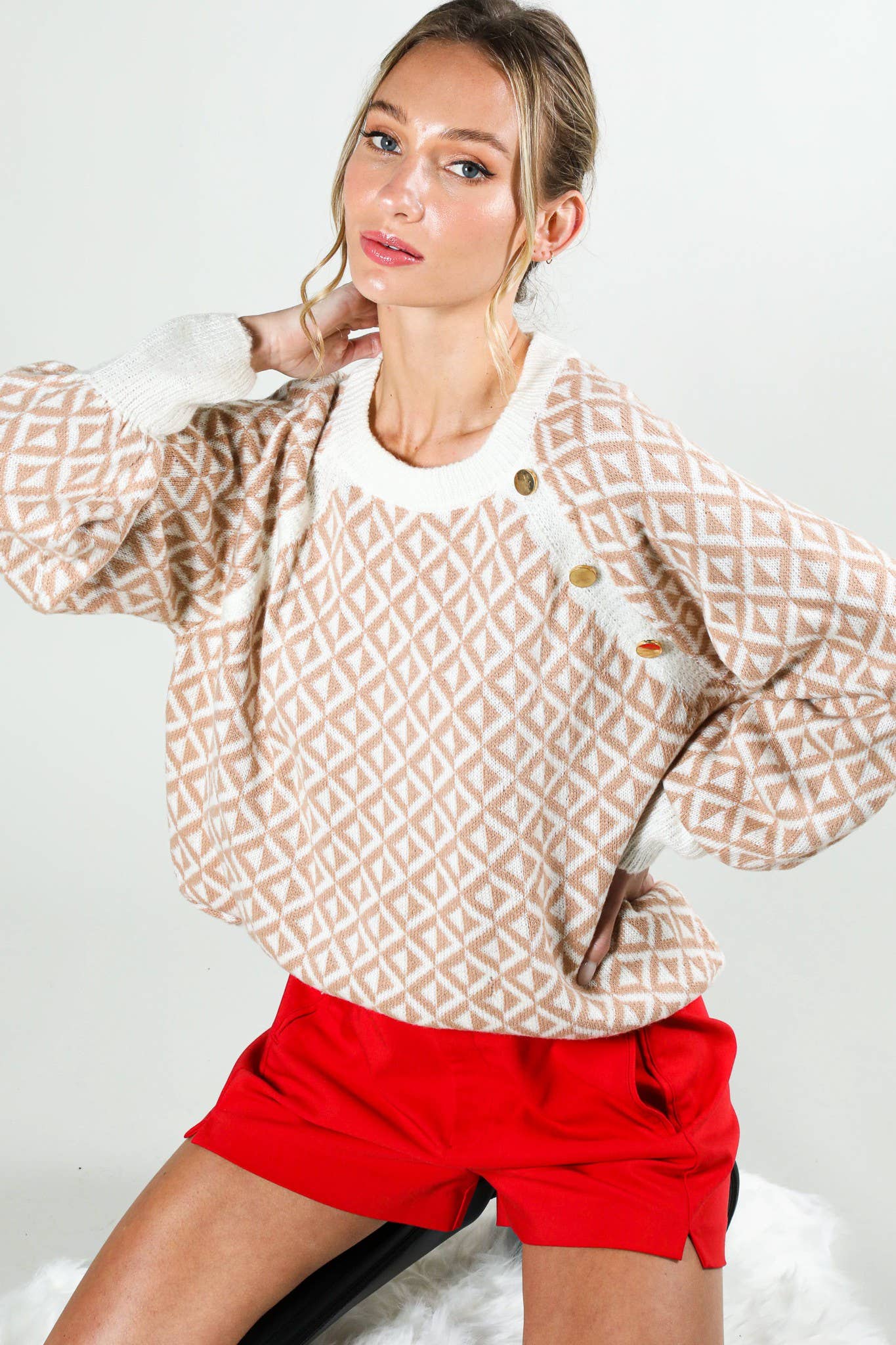 Taupe Geo Patterned Button Detailed Sweater