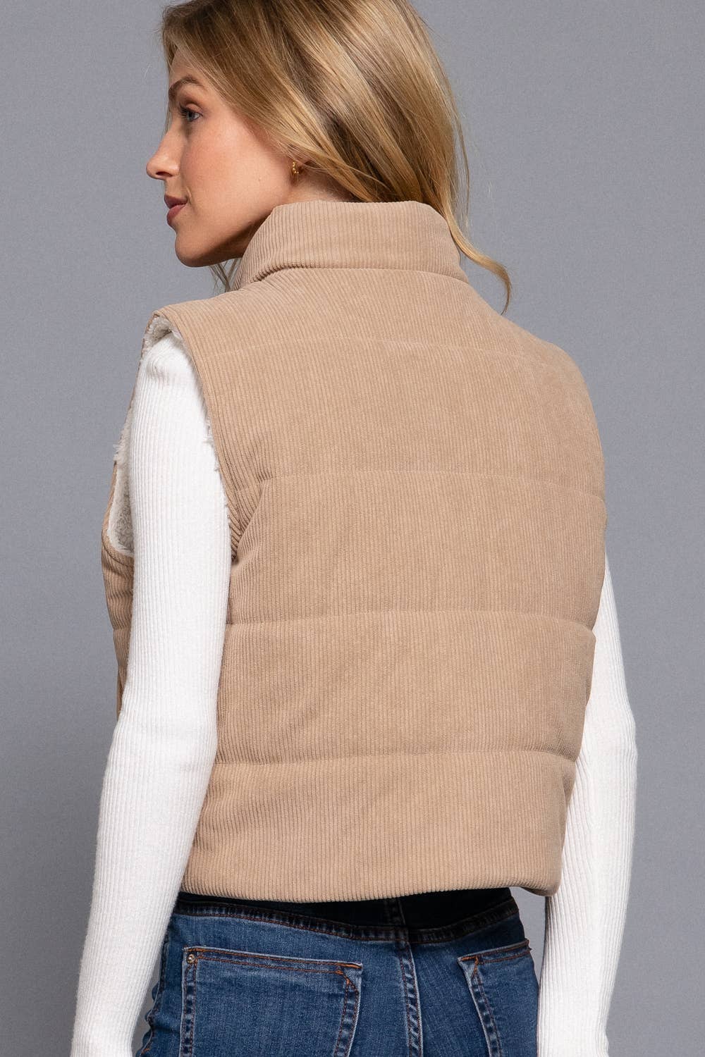 Taupe High Neck Inner Faux Fur Zip Up Corduroy Puffer Vest