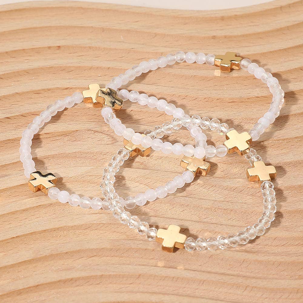 3PCS - Cross Charm Beaded Stretch Multi Layered Bracelets: Gold,Mint