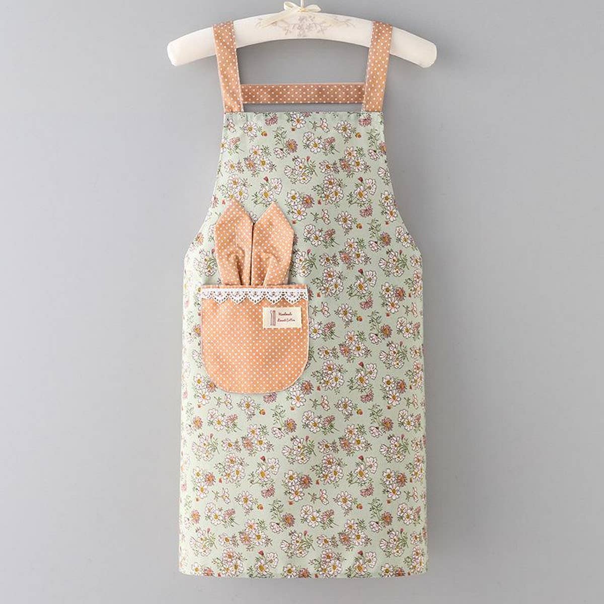 Green Floral Canvas Bib Apron with Pockets