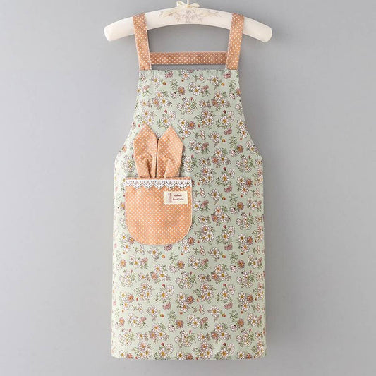 Green Floral Canvas Bib Apron with Pockets