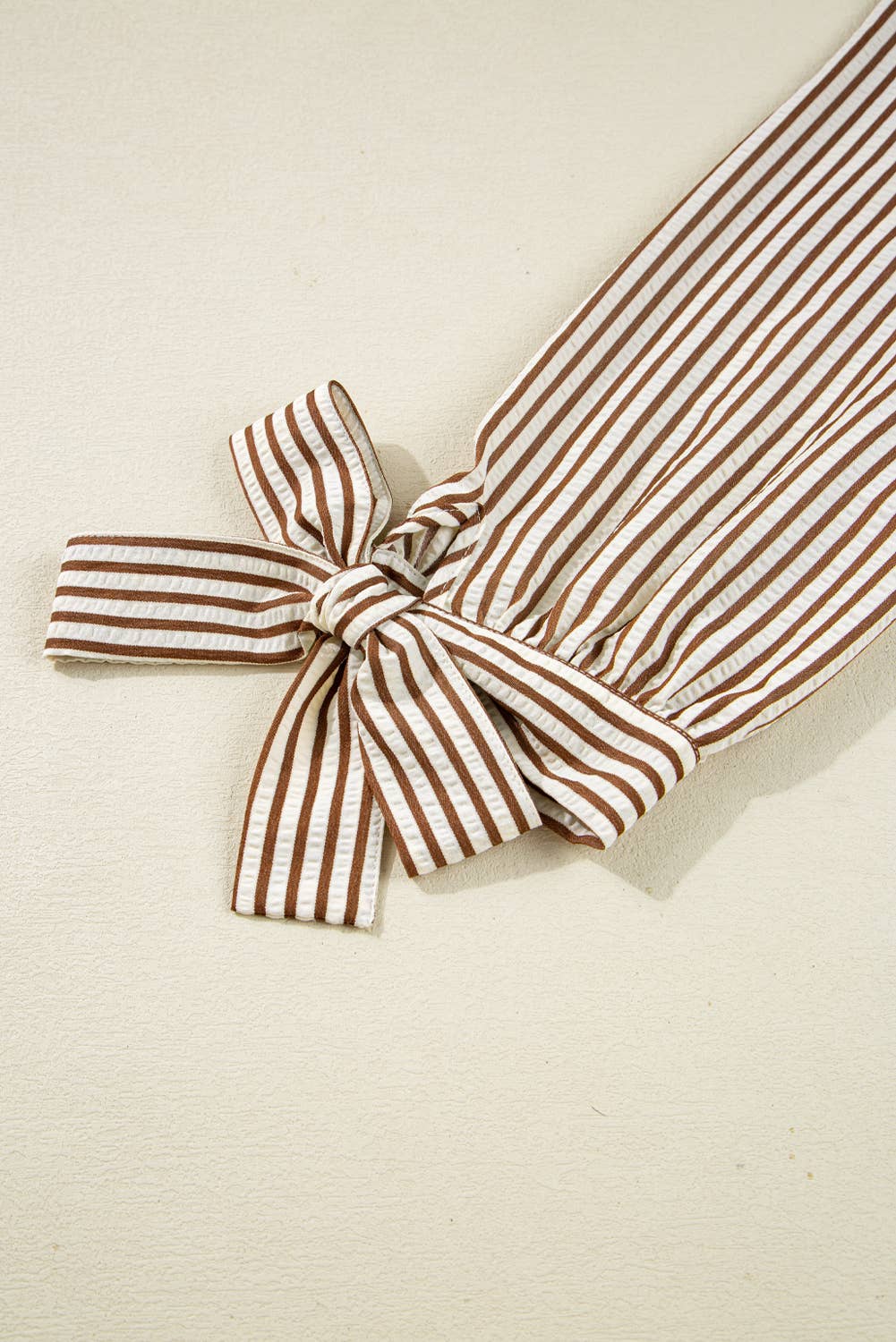 Beige Striped Frill V Neck Knot Bracelet Sleeve Blouse