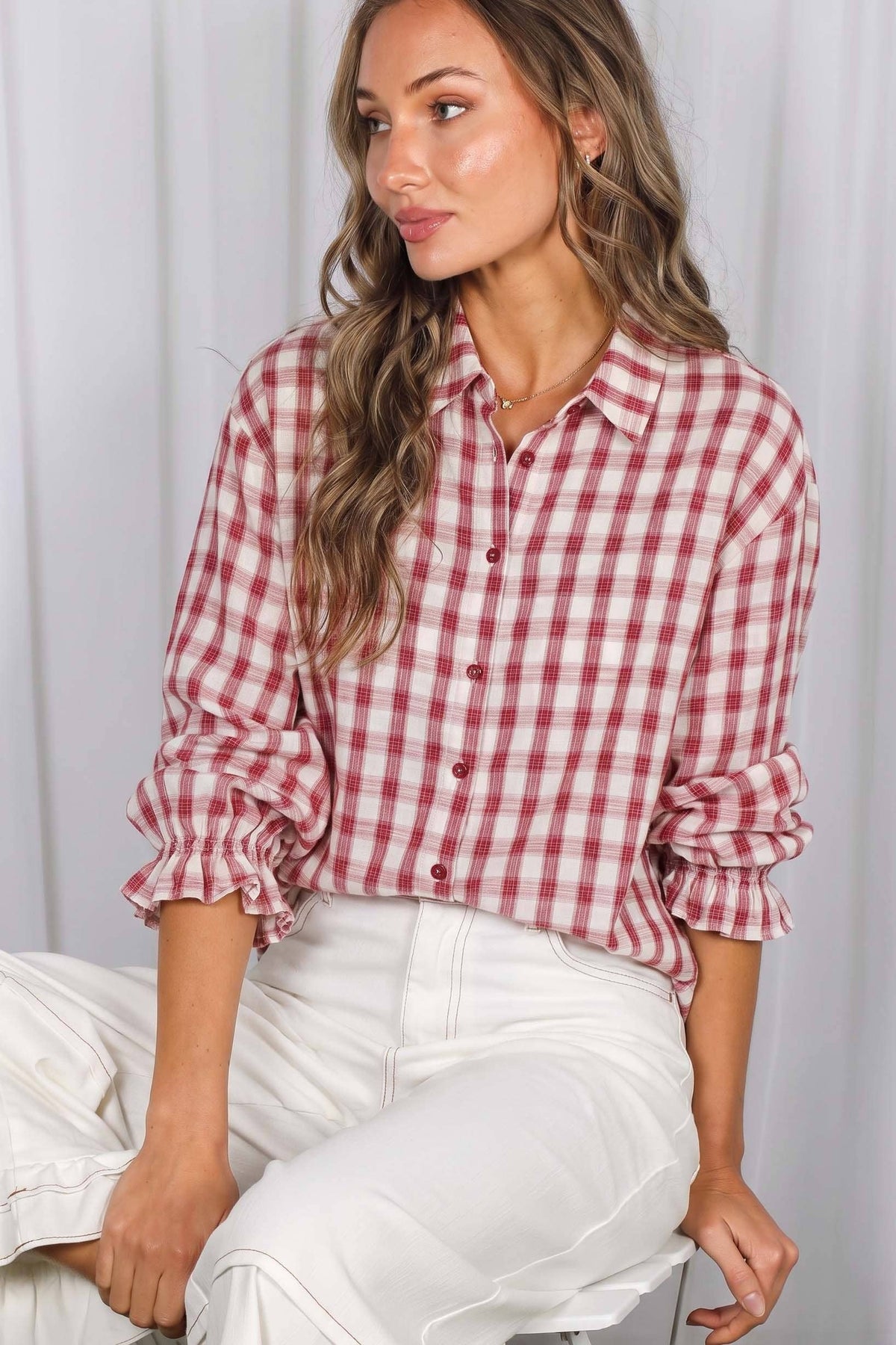 Ruffle Cuffs Accent Burgundy Plaid Shirt