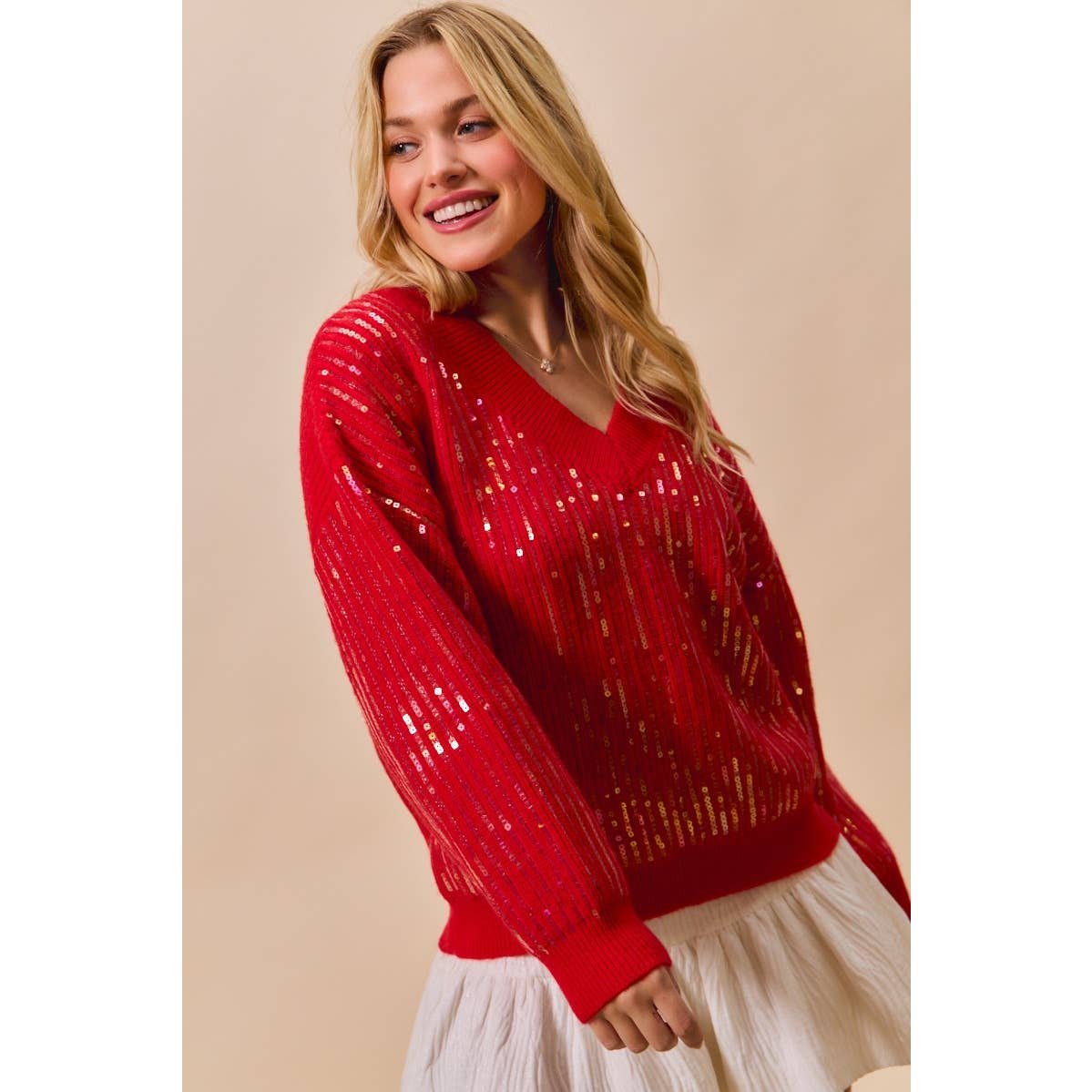 Red Sequins V Neck Sweater