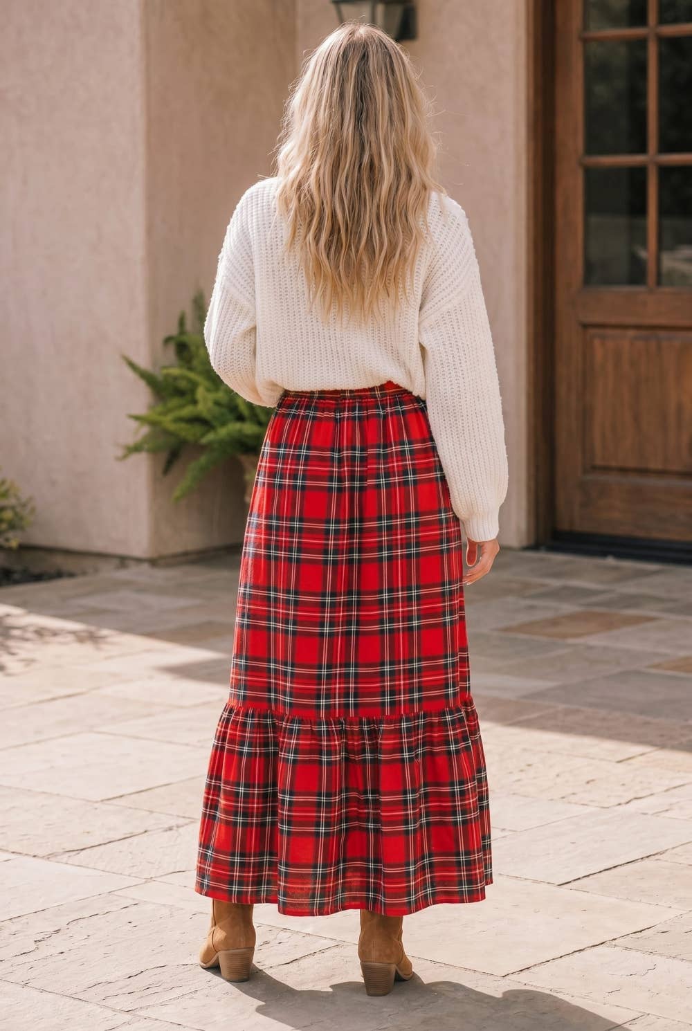 Plaid Tiered Maxi Skirt with Pockets: RED / S