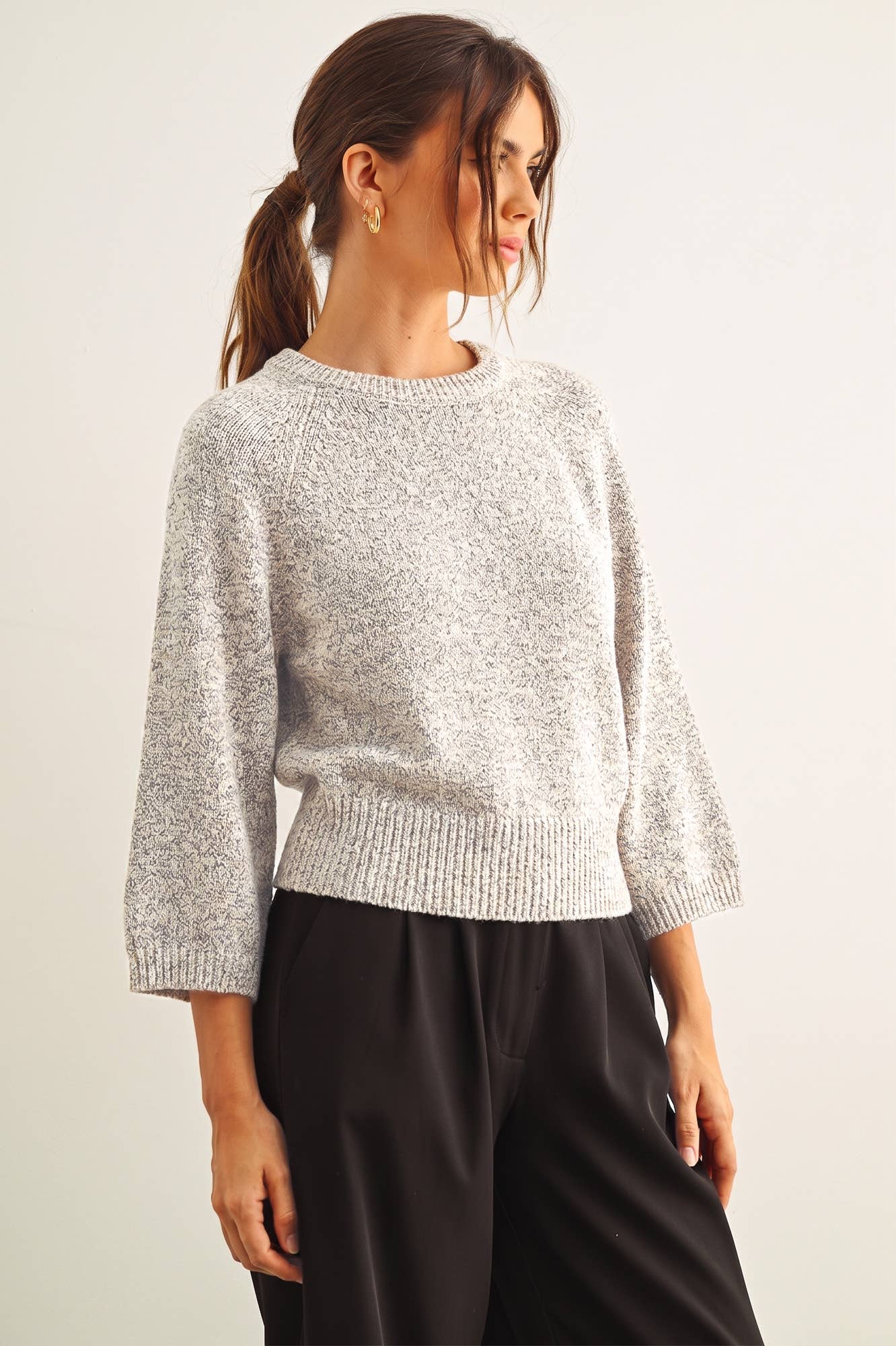 Salt & Pepper Round Neck 3/4 Sleeve Knitted Top