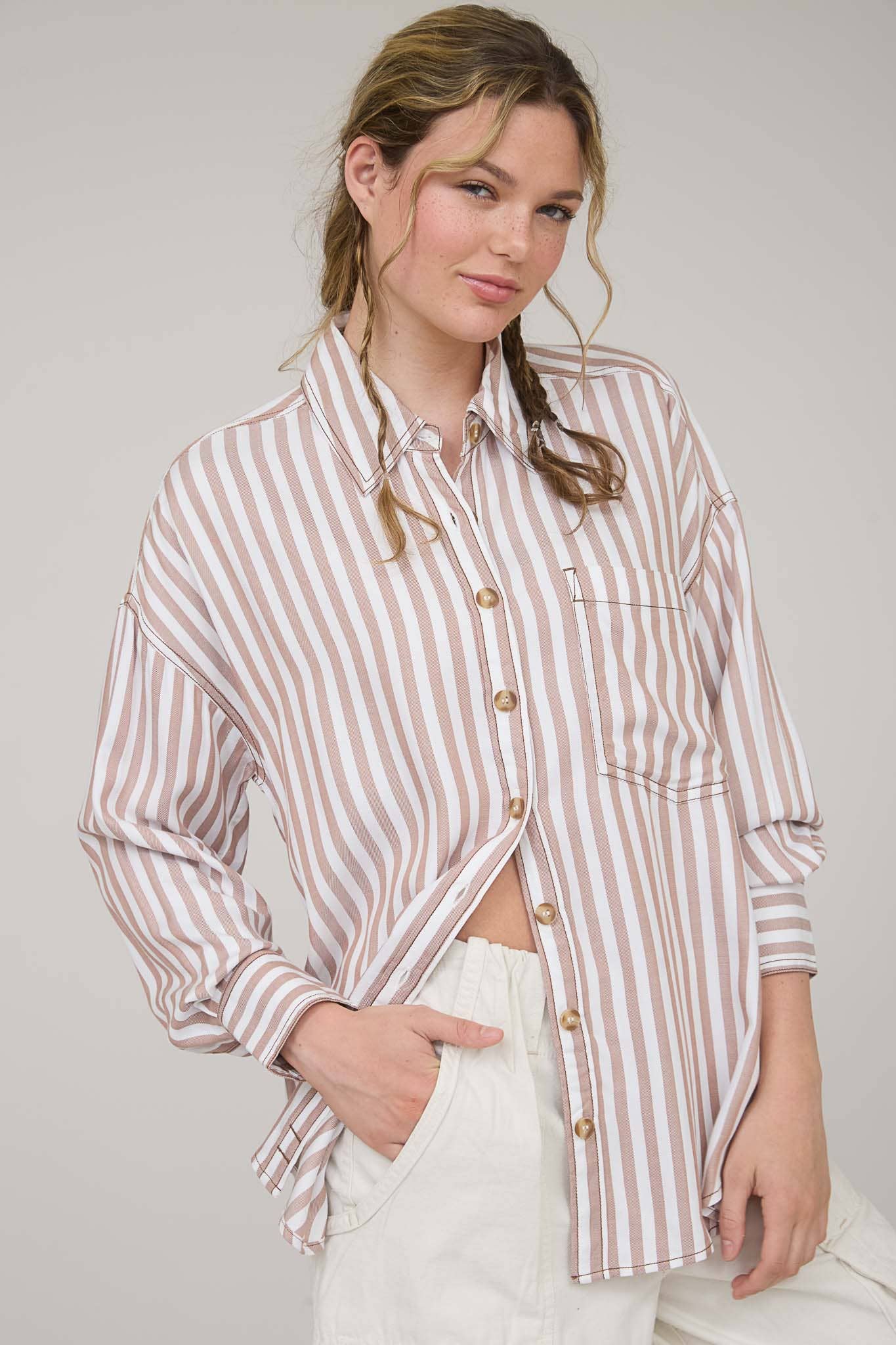 Brown Stripe Collared Button Down Shirt