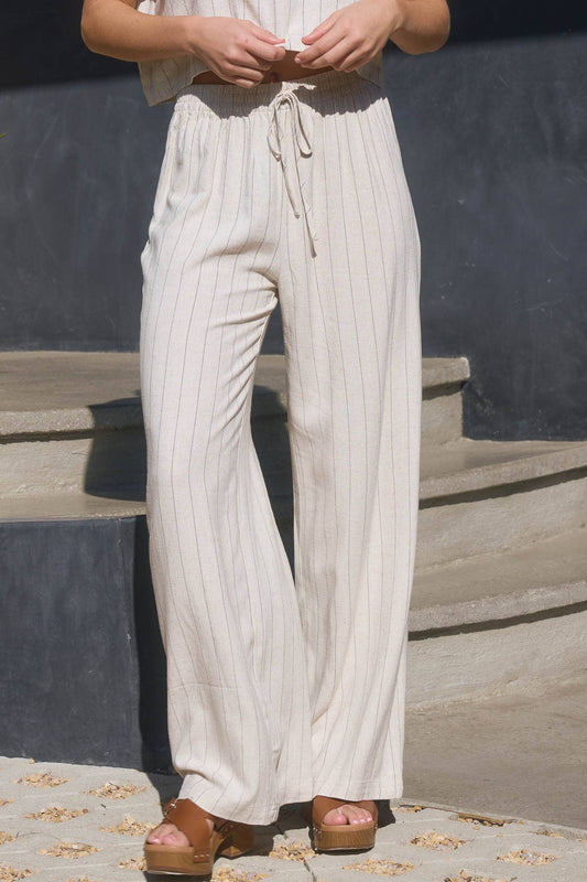 Oatmeal Pinstripe Linen Wide Leg Pants