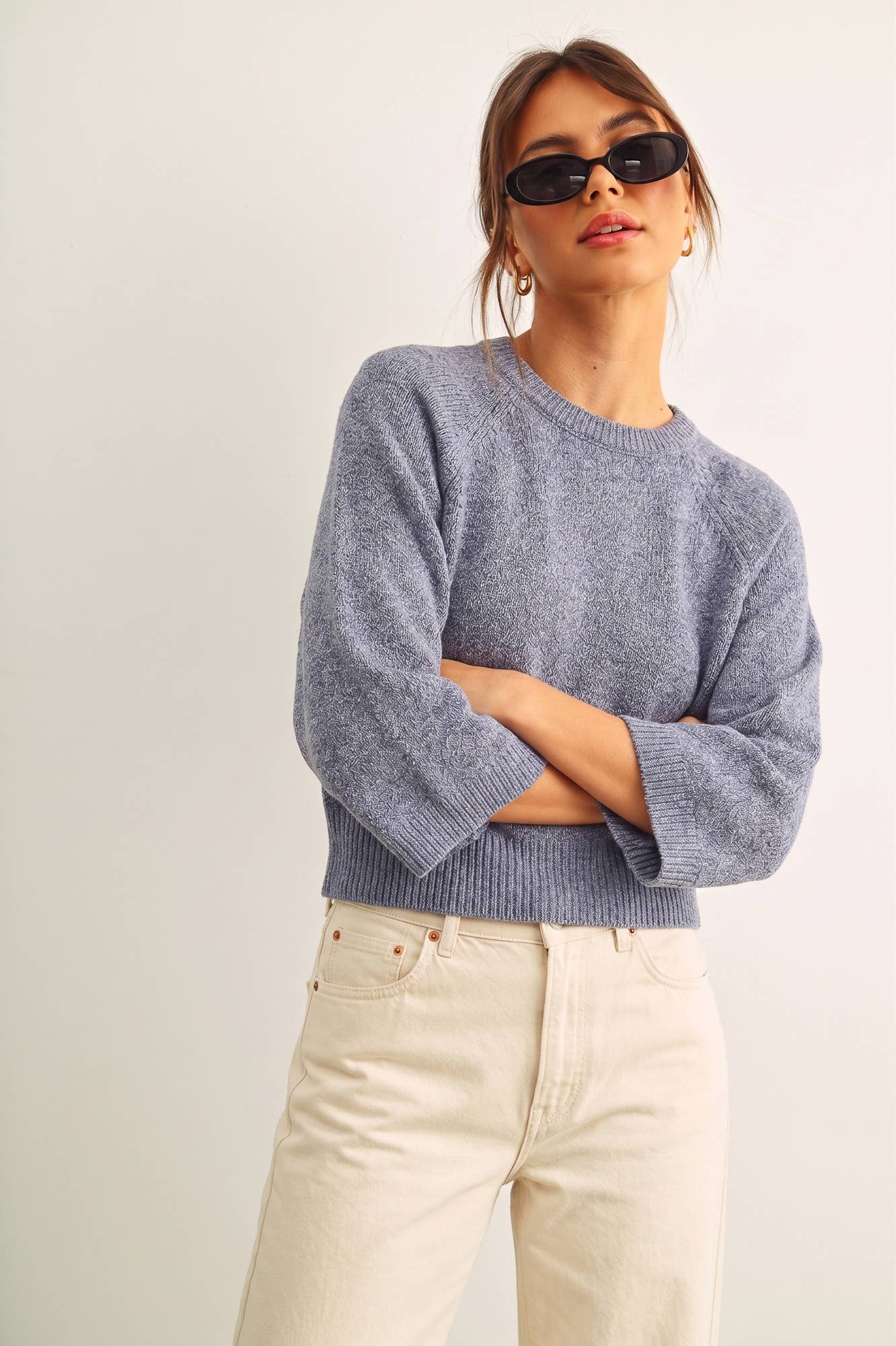 Blue Round Neck 3/4 Sleeve Knitted Top