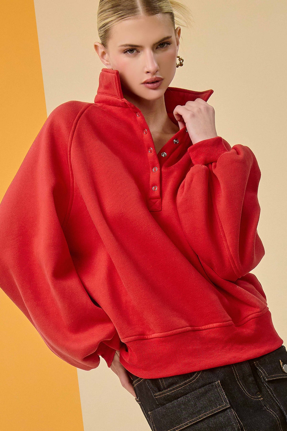 Fire Red Oversized Snap-Button Collared Mock Neck Sweatshirt