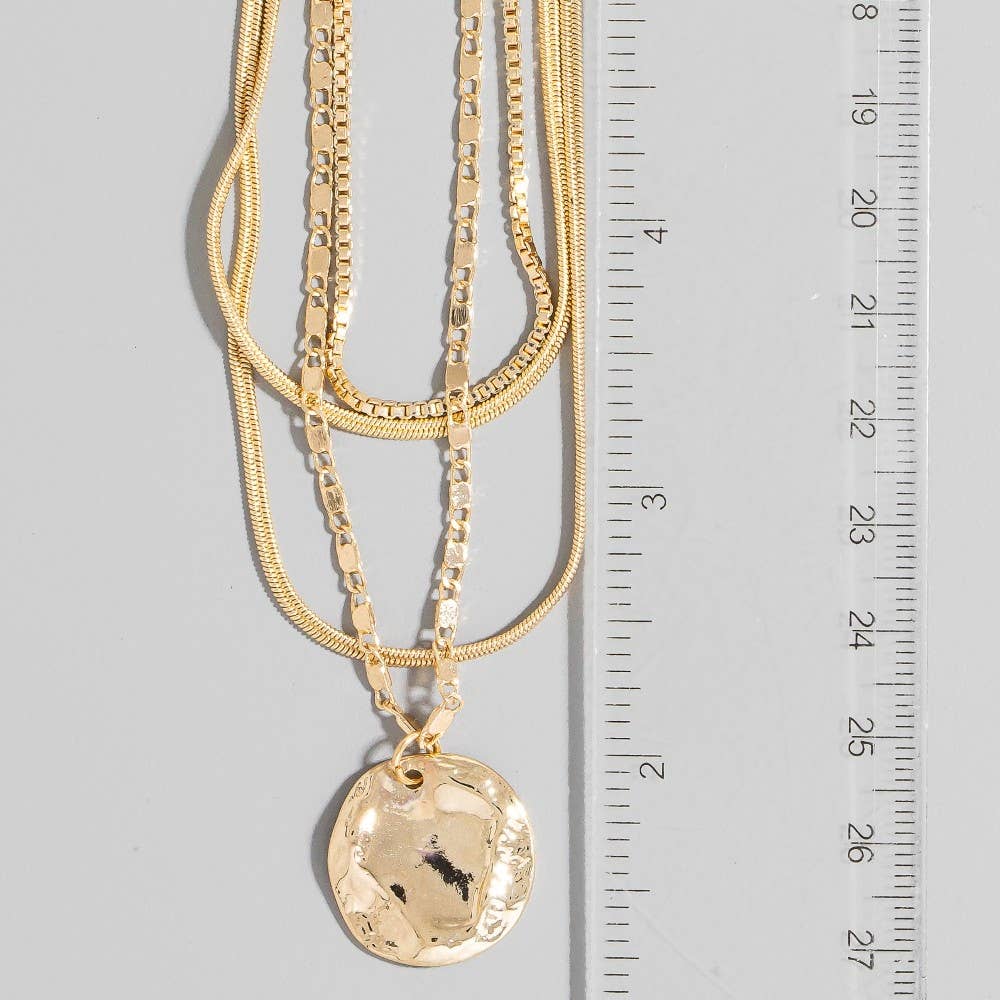 Silver Hammered Coin Pendant Layered Chains Necklace