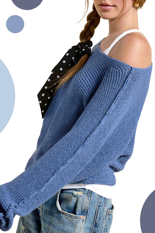 Denim Boat Neck Off Shoulder Cozy Dolman Sleeve Sweater