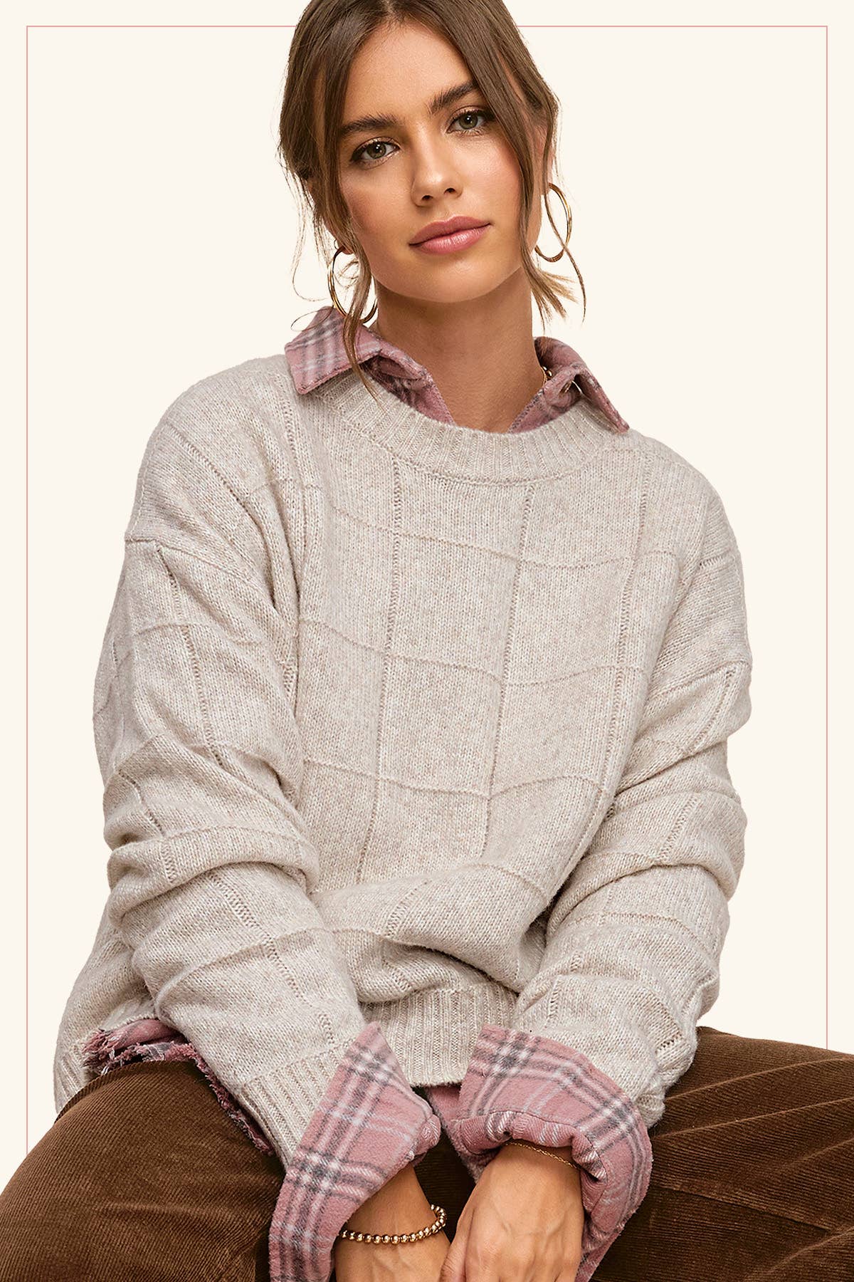 Oatmeal Windowpane Patterned Sweater