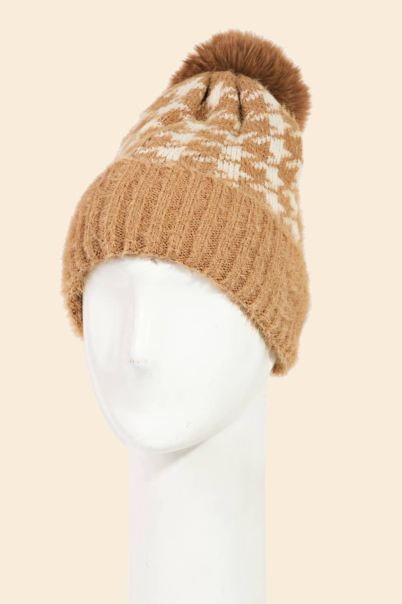 Khaki Houndstooth Print Beanie