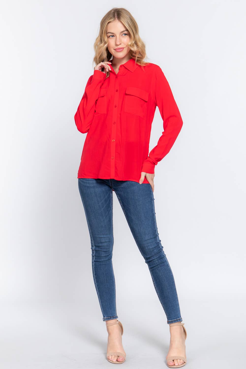 Red Long Sleeve Front Pocket Woven Shirt