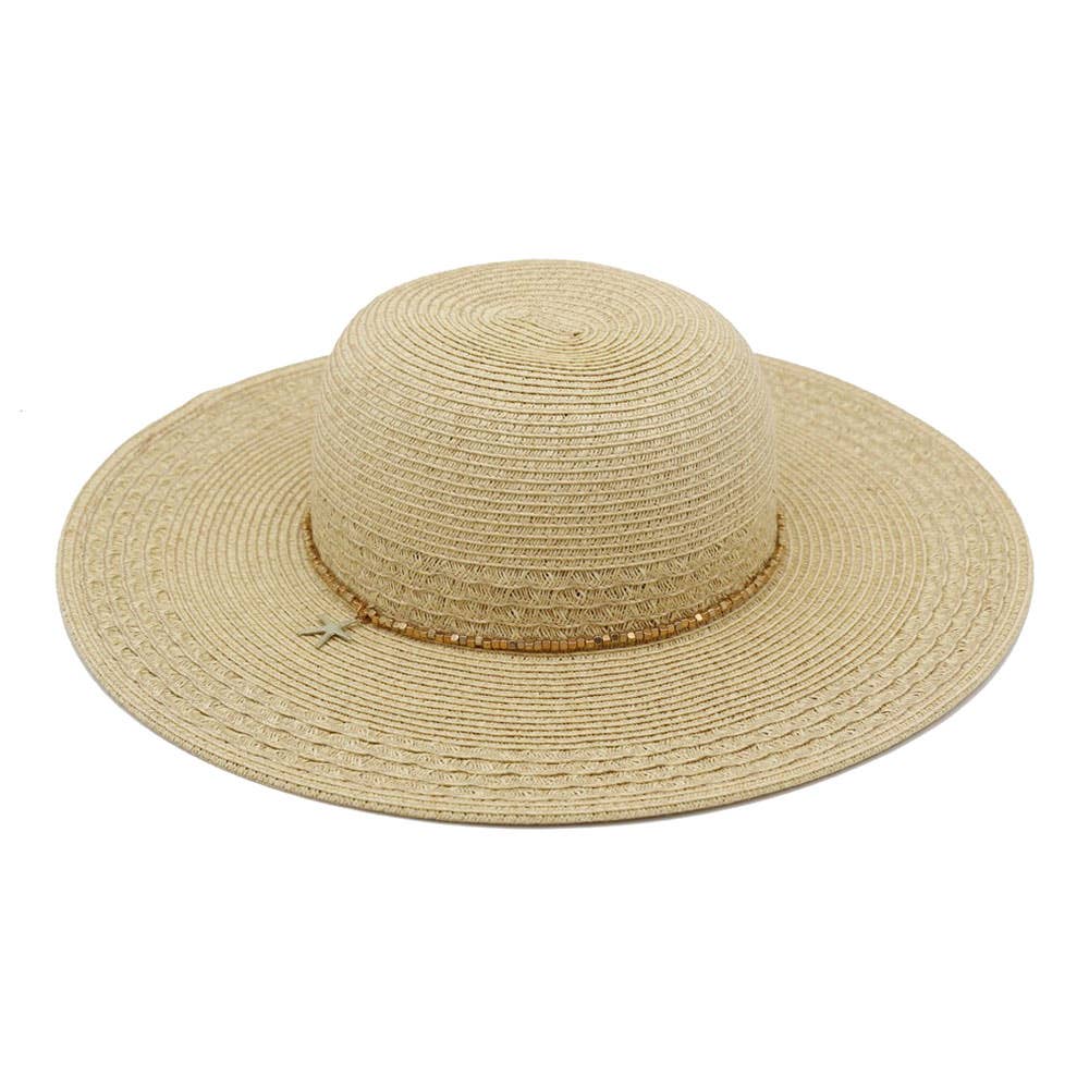 Starfish Charm Sequin band Wide Brim Straw Sun Hat: Tan