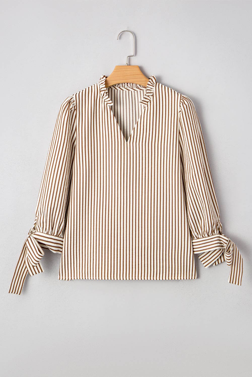 Beige Striped Frill V Neck Knot Bracelet Sleeve Blouse