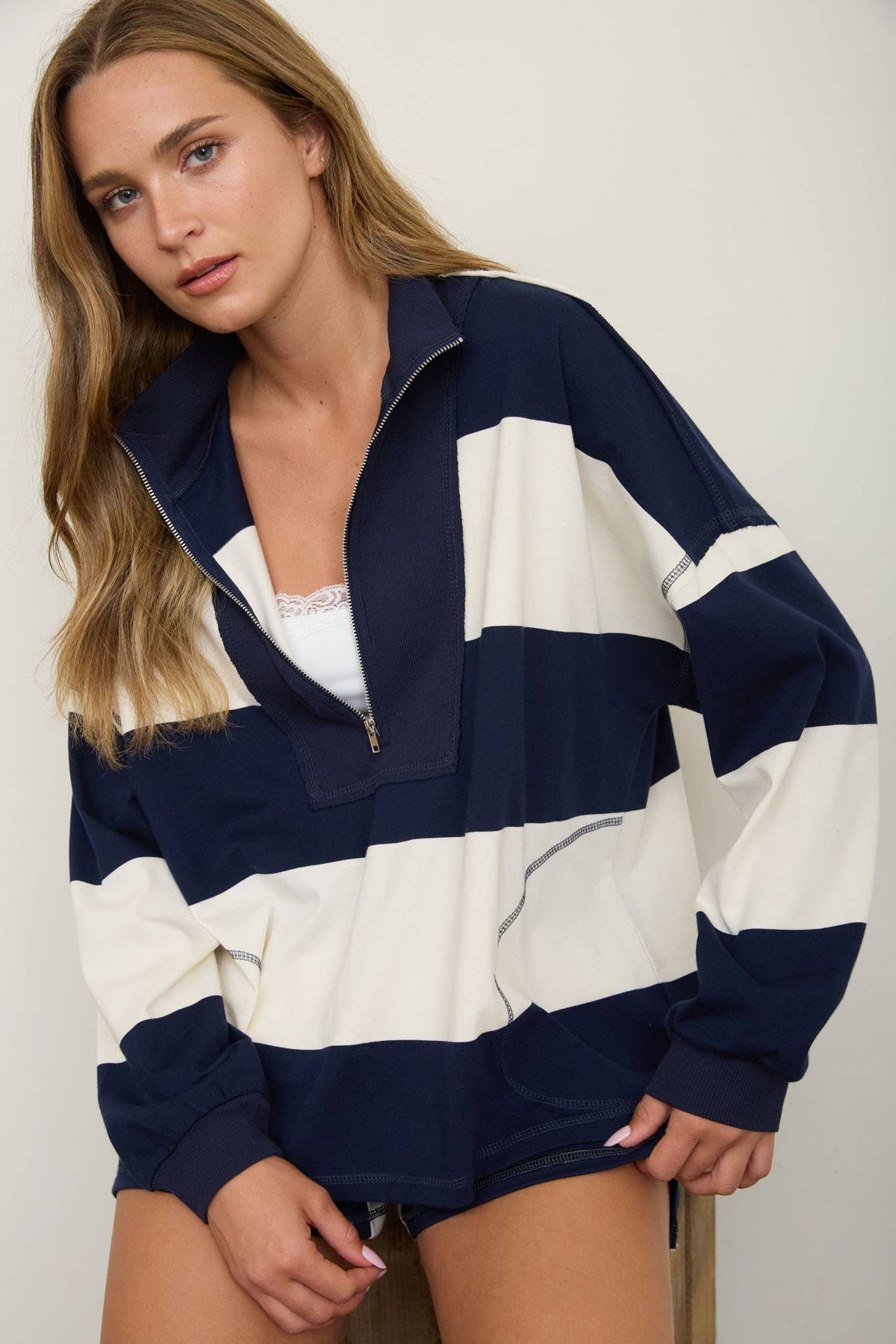 Brown Wide Stripe Half Zip Long Sleeve Top.
