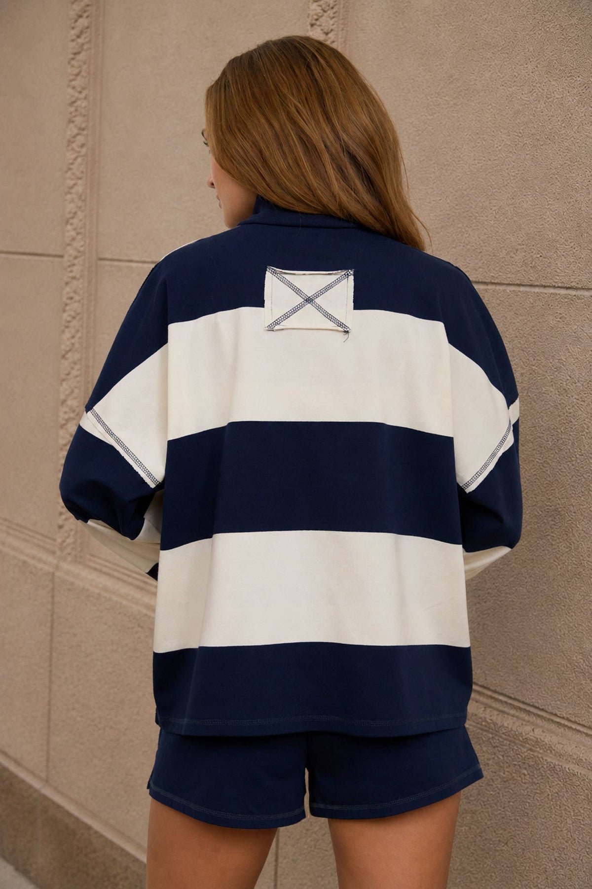 Brown Wide Stripe Half Zip Long Sleeve Top.