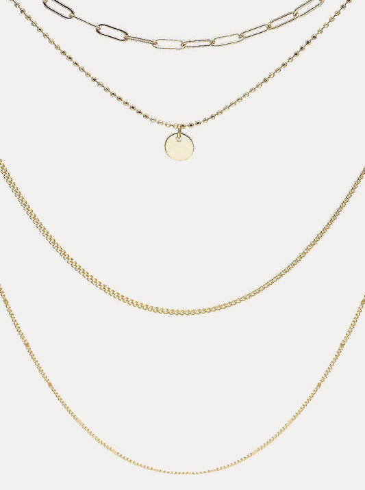 Gold Metal Disc Pendant Multi-Chain Layered Necklace