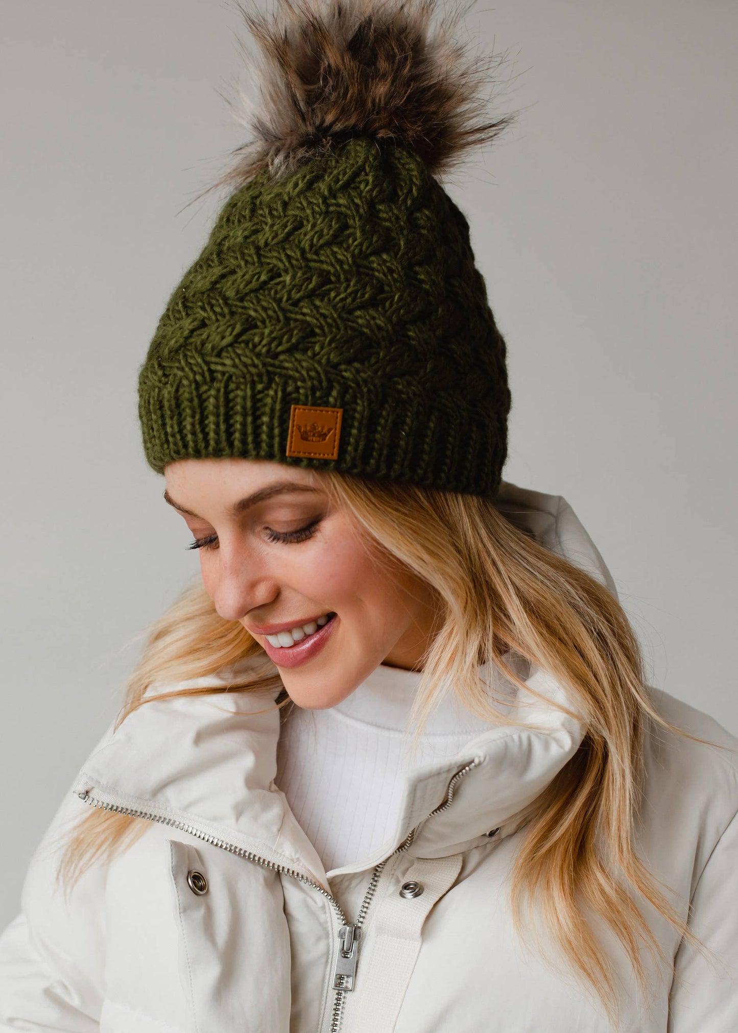 Olive Knit Pom Winter Hat
