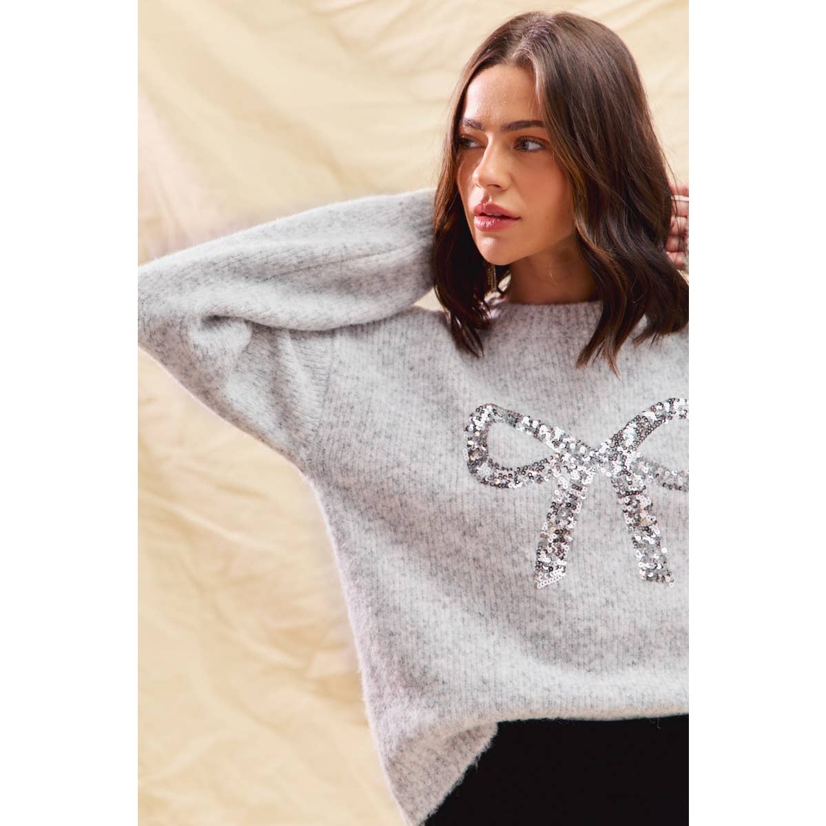 Grey/Silver Ribbon Sequins Holiday Sweater
