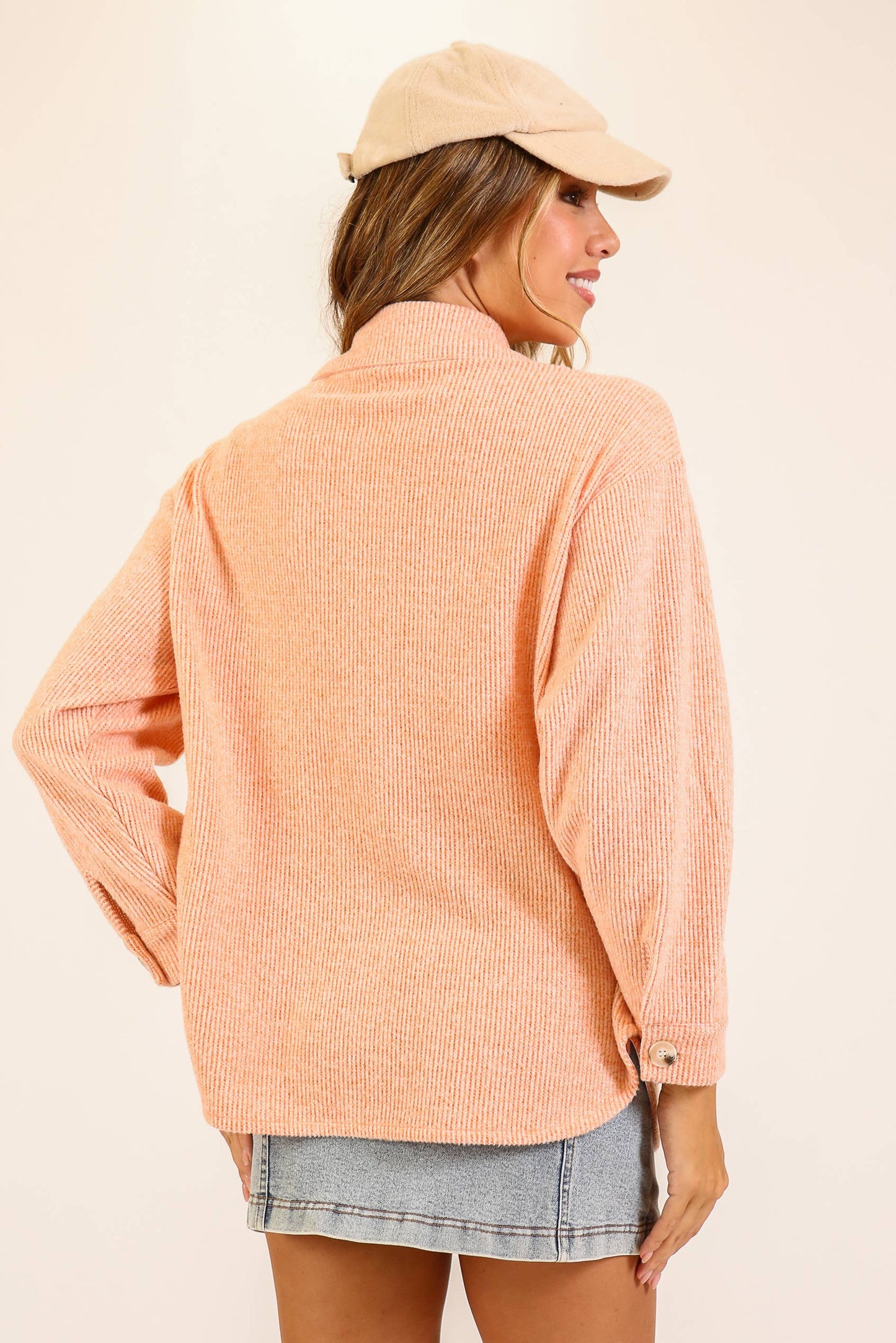 Brushed Waffle Button-Up Shacket: Brown / S