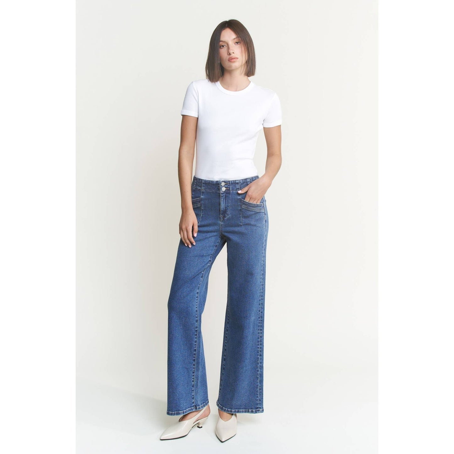 Mica Denim Super High Rise Wide Leg Double Button Medium Wash Jean