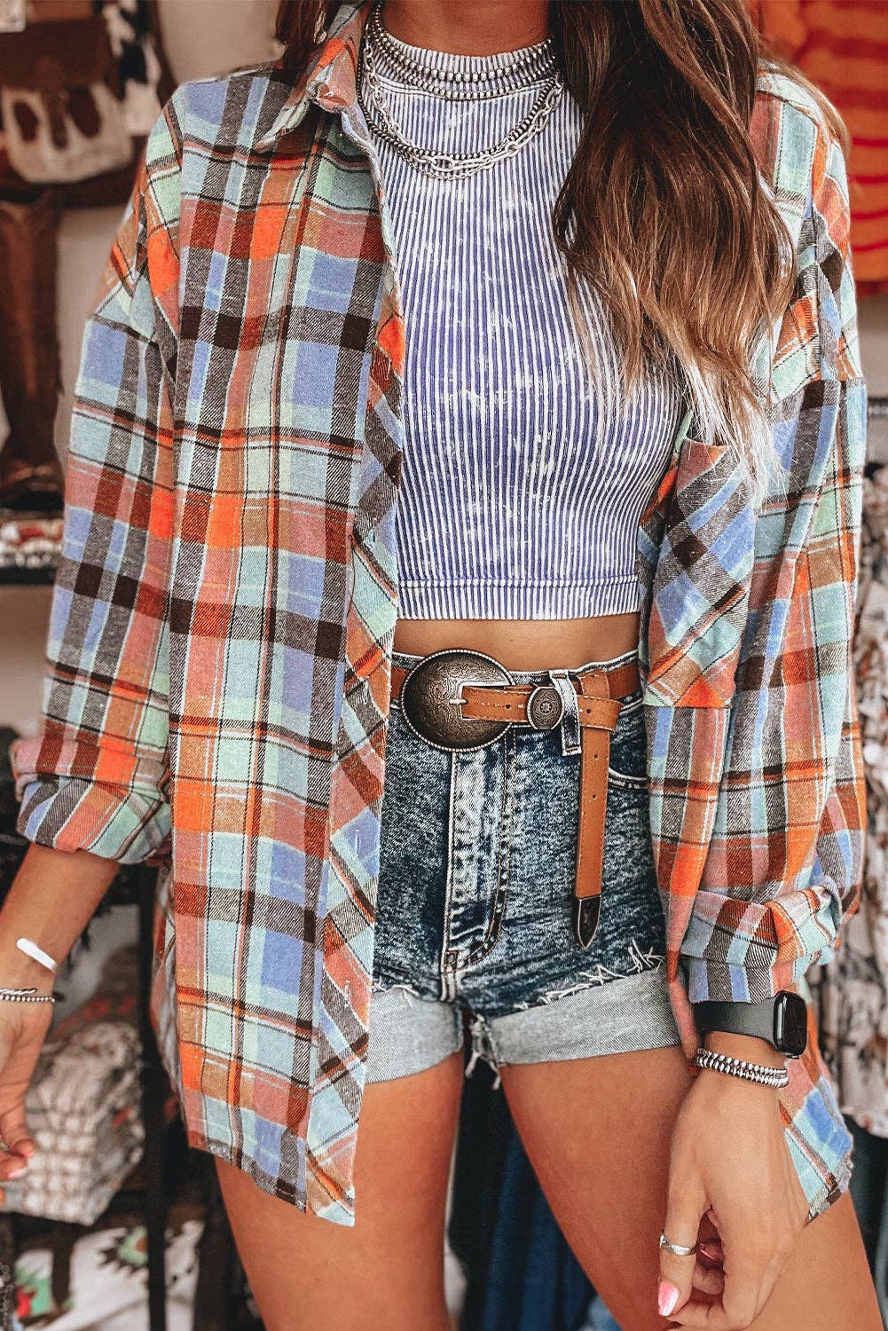 Women's Plaid Print Loose Vintage Shirt: Orange / 100%Cotton / S
