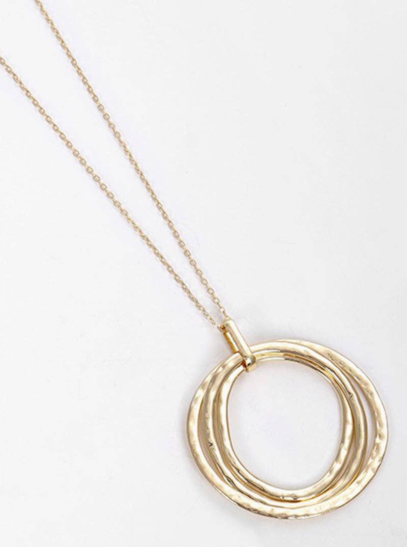 Hammered Metal Tri Circles Pendant Long Necklace: Gold