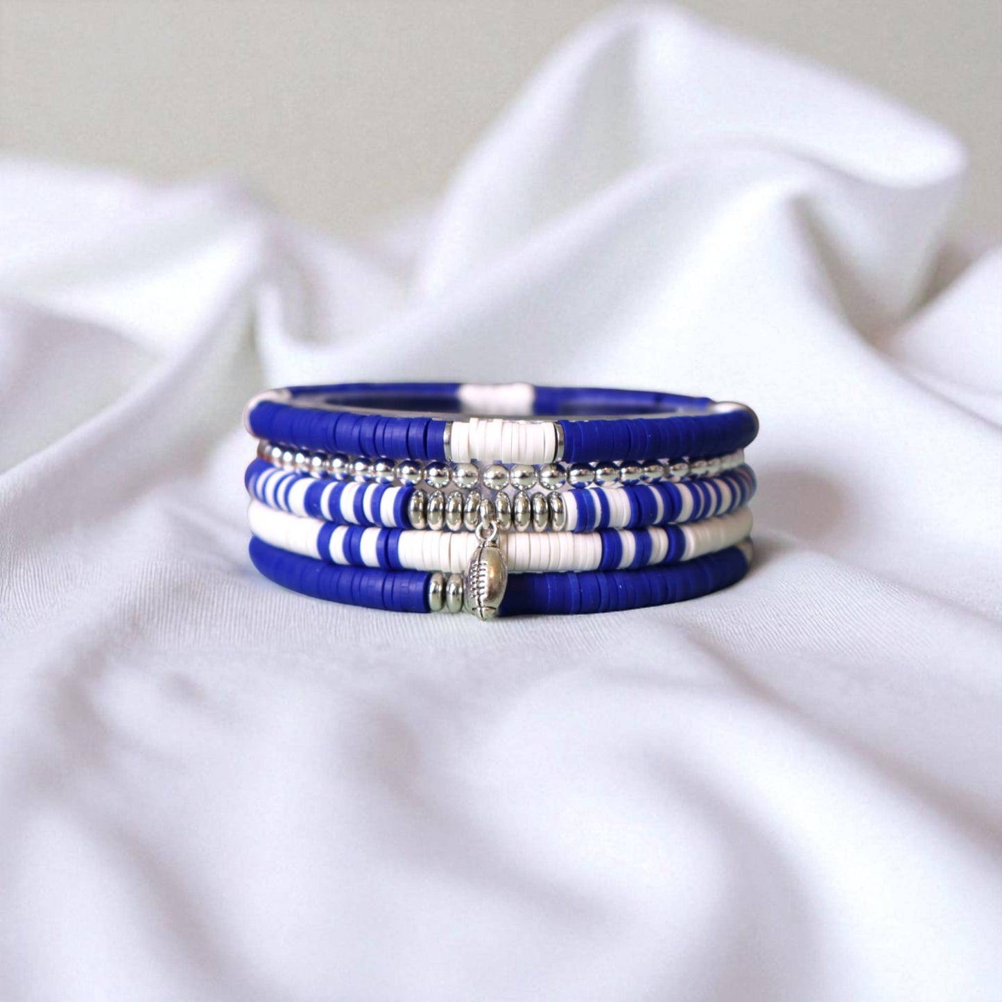  Royal Blue and White Game Day Bracelet Stack: Medium (7 inch) / Football