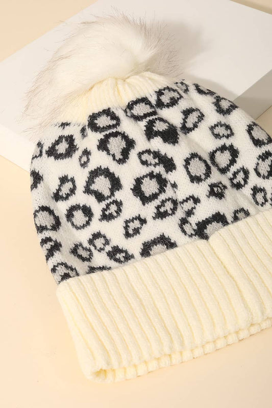 Leopard Print Pom Winter Beanie