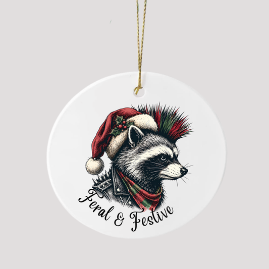 Racoon Feral Festive Christmas Ceramic Ornament