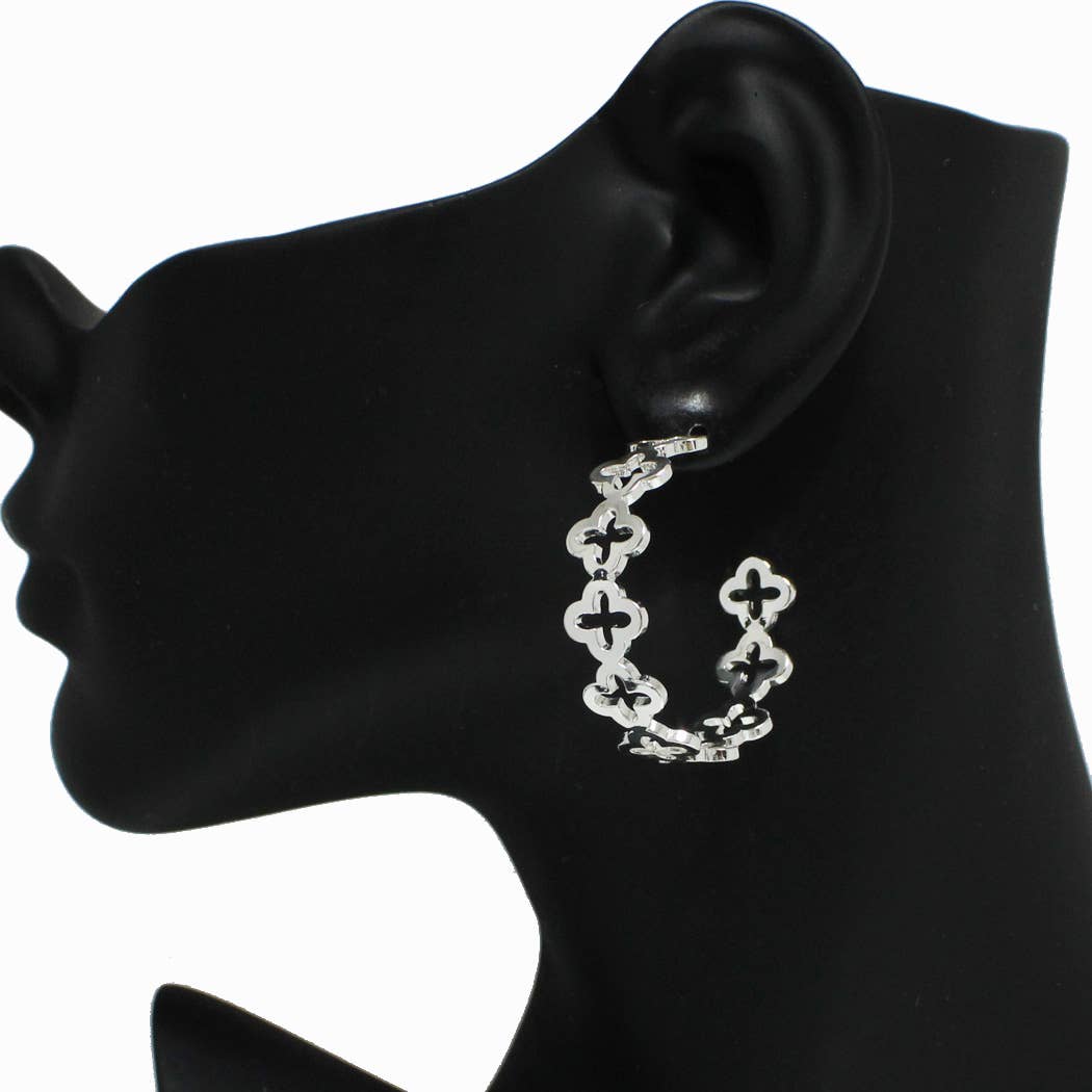 Matte Silver Clover Cutout Hoop Earring