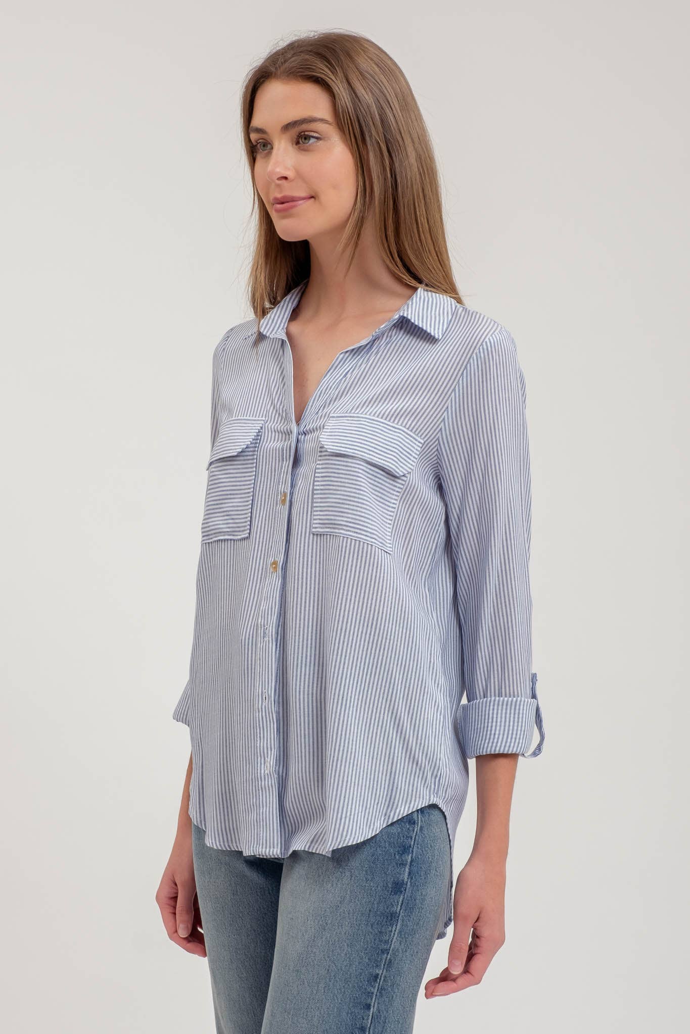 Black Striped Collared Button Down With Pockets