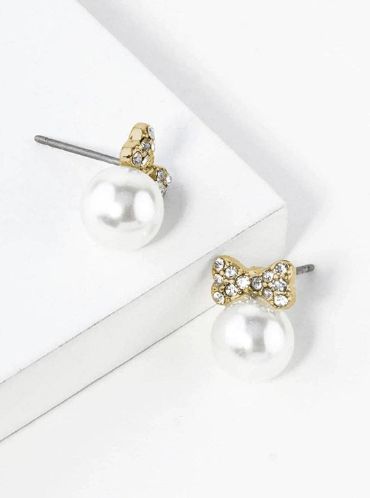 Crystal Pave Ribbon Bow Pearl Stud Earrings