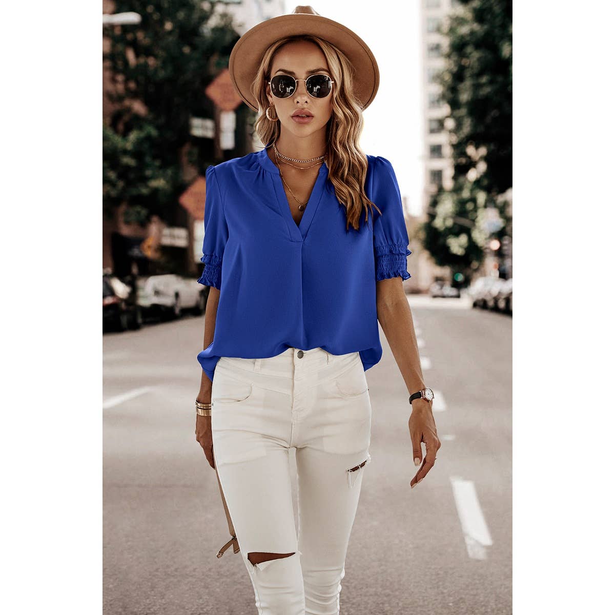 Royal Blue V Neck Blouse