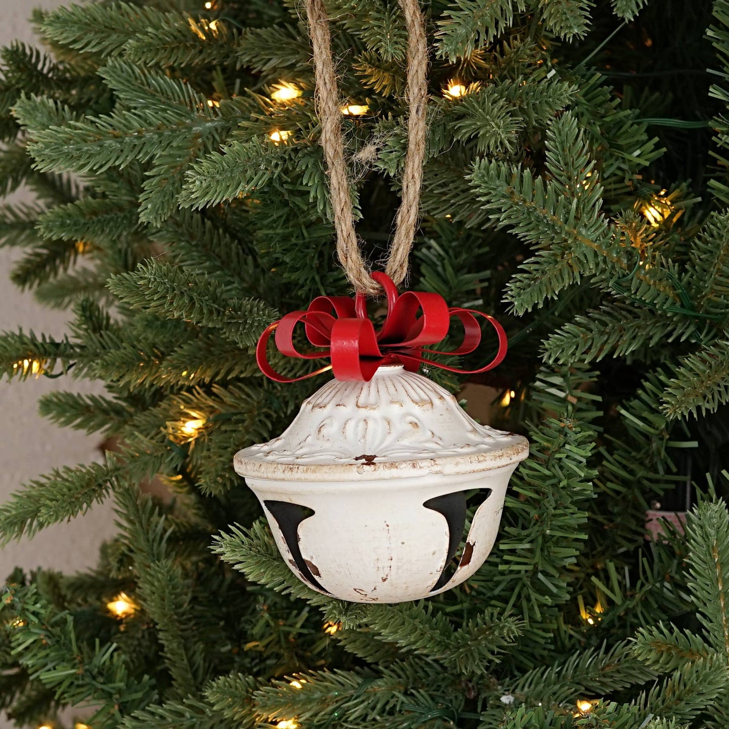 Vintage White Nutshell Bell w. Metal Bow Ornament