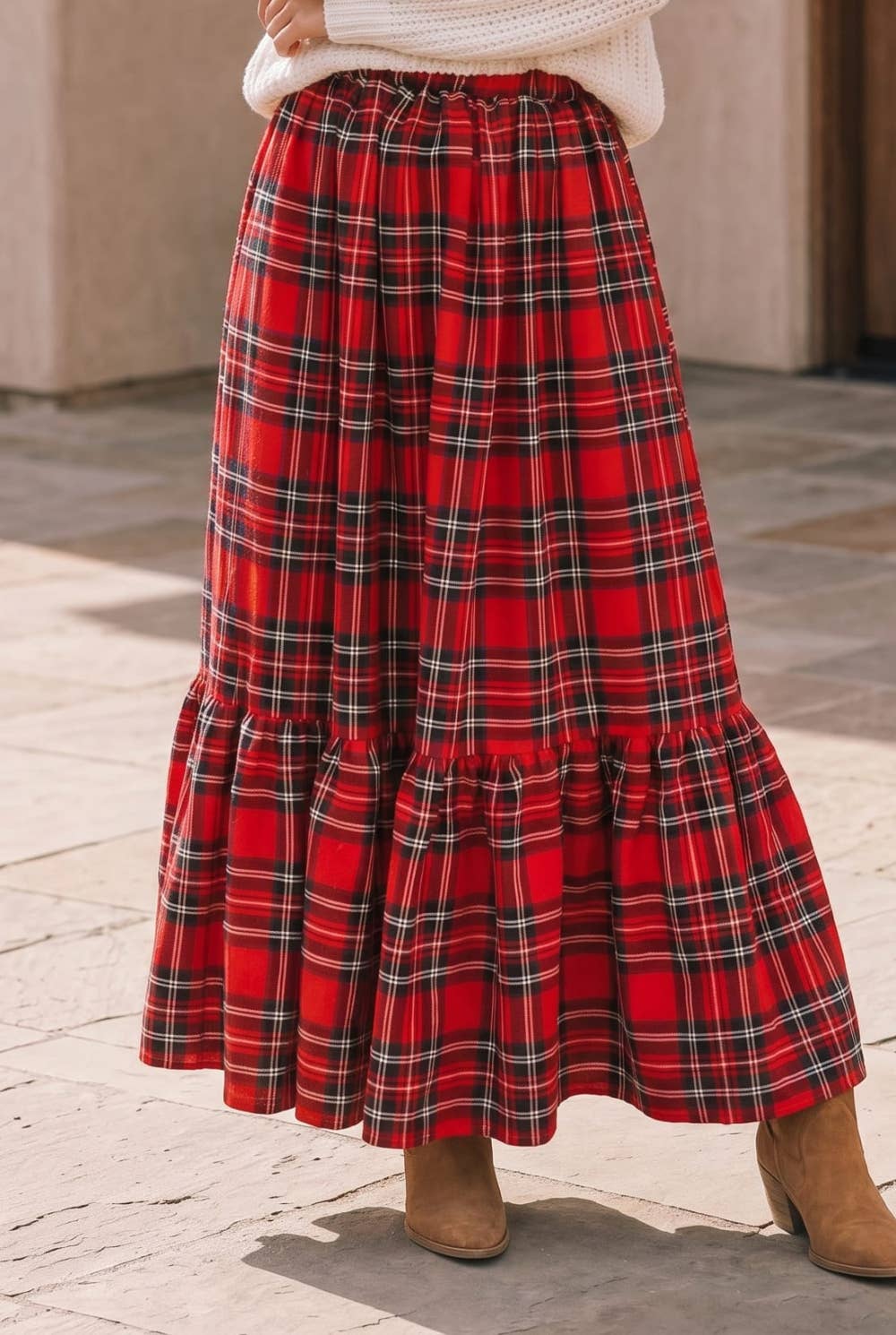 Plaid Tiered Maxi Skirt with Pockets: RED / S