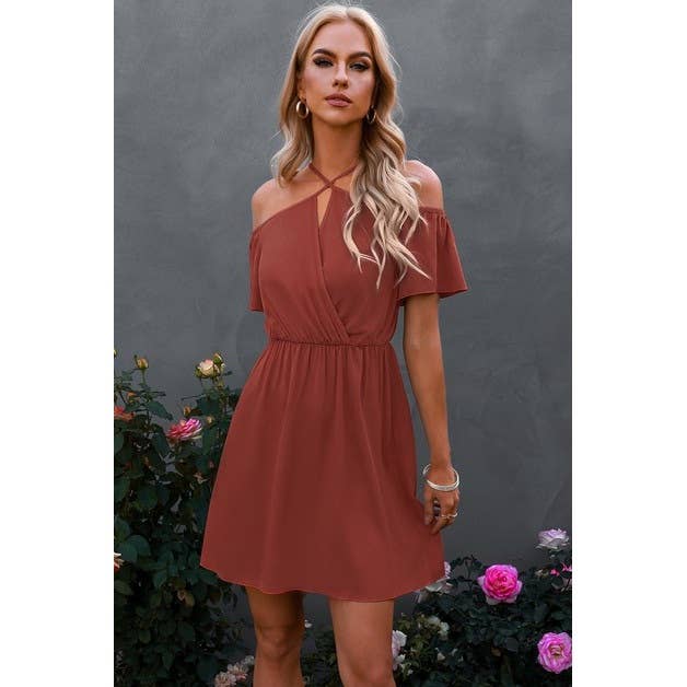 Rust Cross Straps Off Shoulder Dress