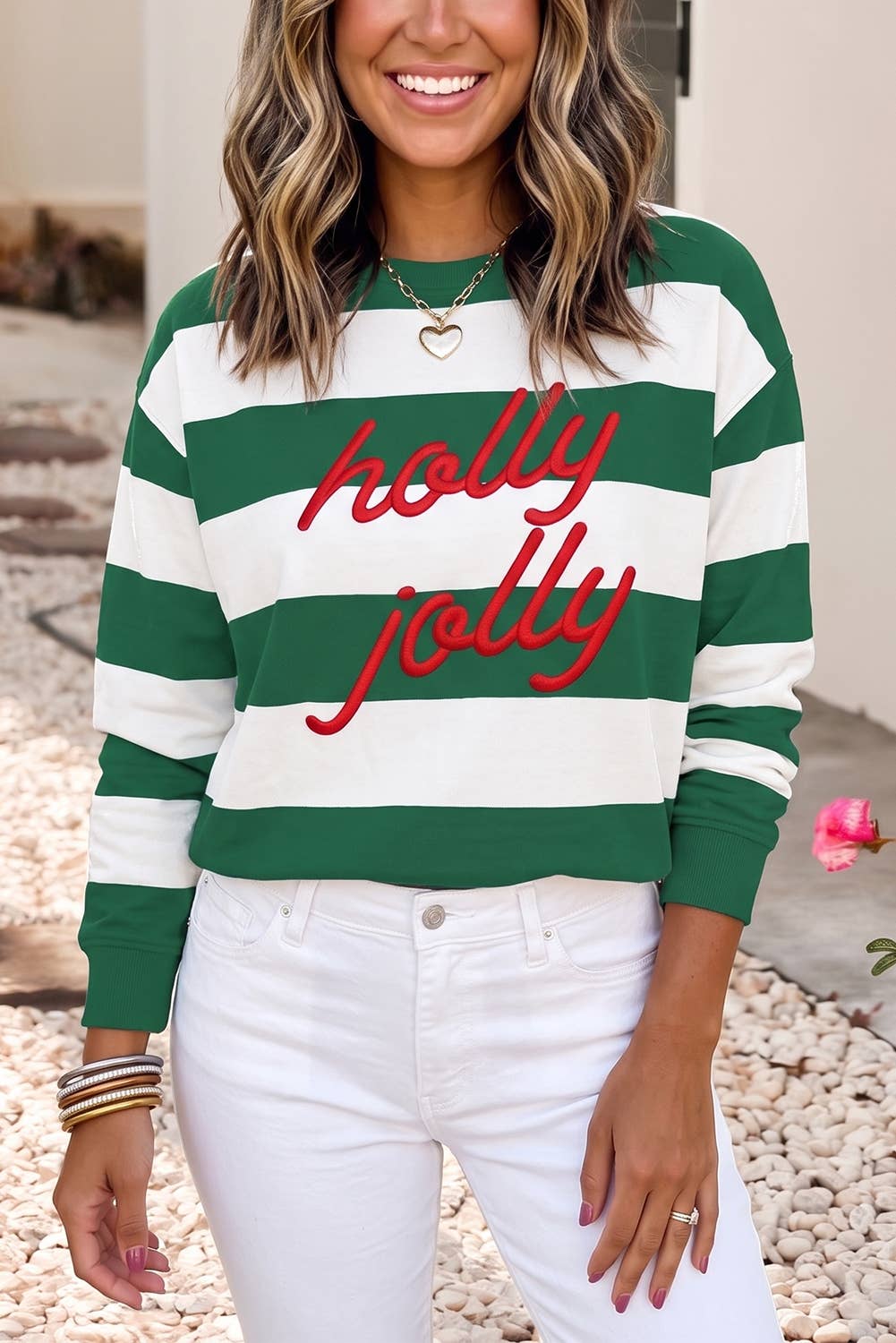 Holly Jolly Embroidered Stripe Pullover Sweatshirt | S-4X: Pink Stripe / S