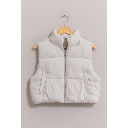 Light Gray Cropped Zipper Closure Puffer Vest