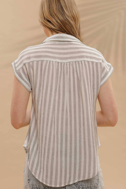 Black & White Stripe Collared Cuff Sleeve Lightweight Shirt