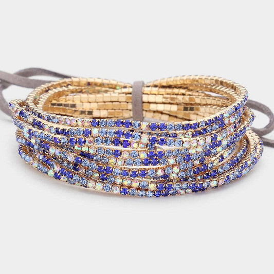 Blue Ribbon 12 Piece Rhinestone Layered Stretch Bracelet Set