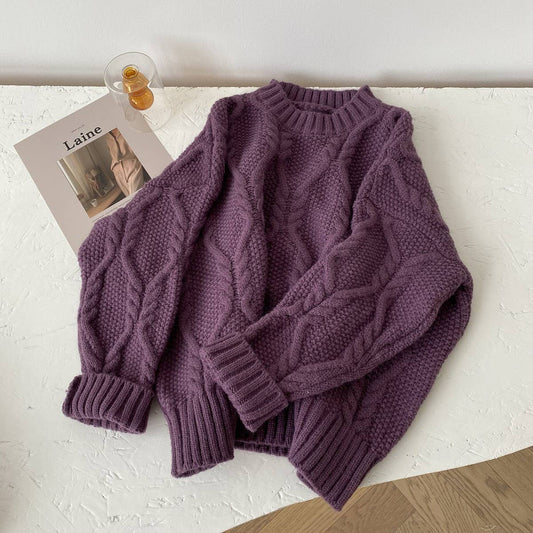 Purple Twist loose crew neck pullover sweater-One Size