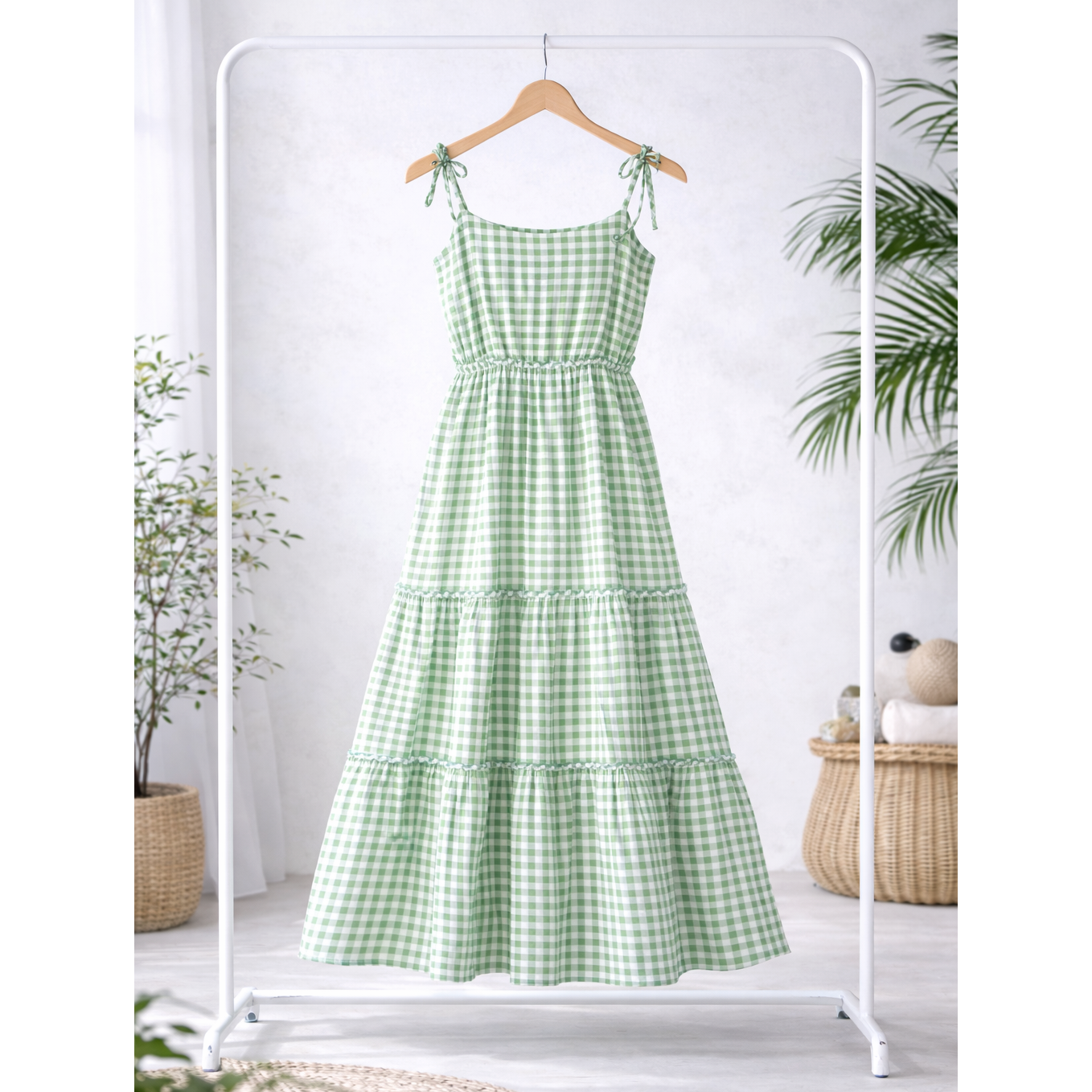 Green Gingham Tie Shoulder Midi Tiered Dress