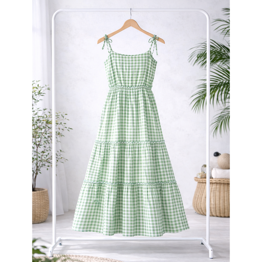 Green Gingham Tie Shoulder Midi Tiered Dress