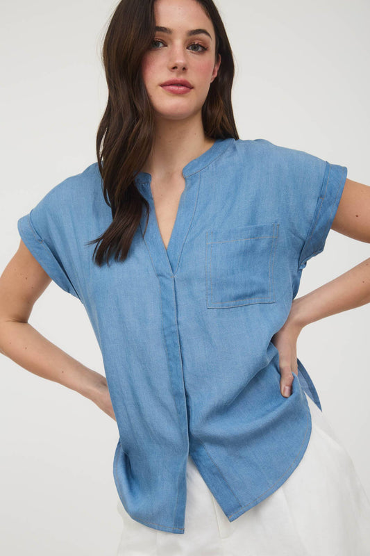Chambray Front Split Back Button Cuff Sleeve Shirt
