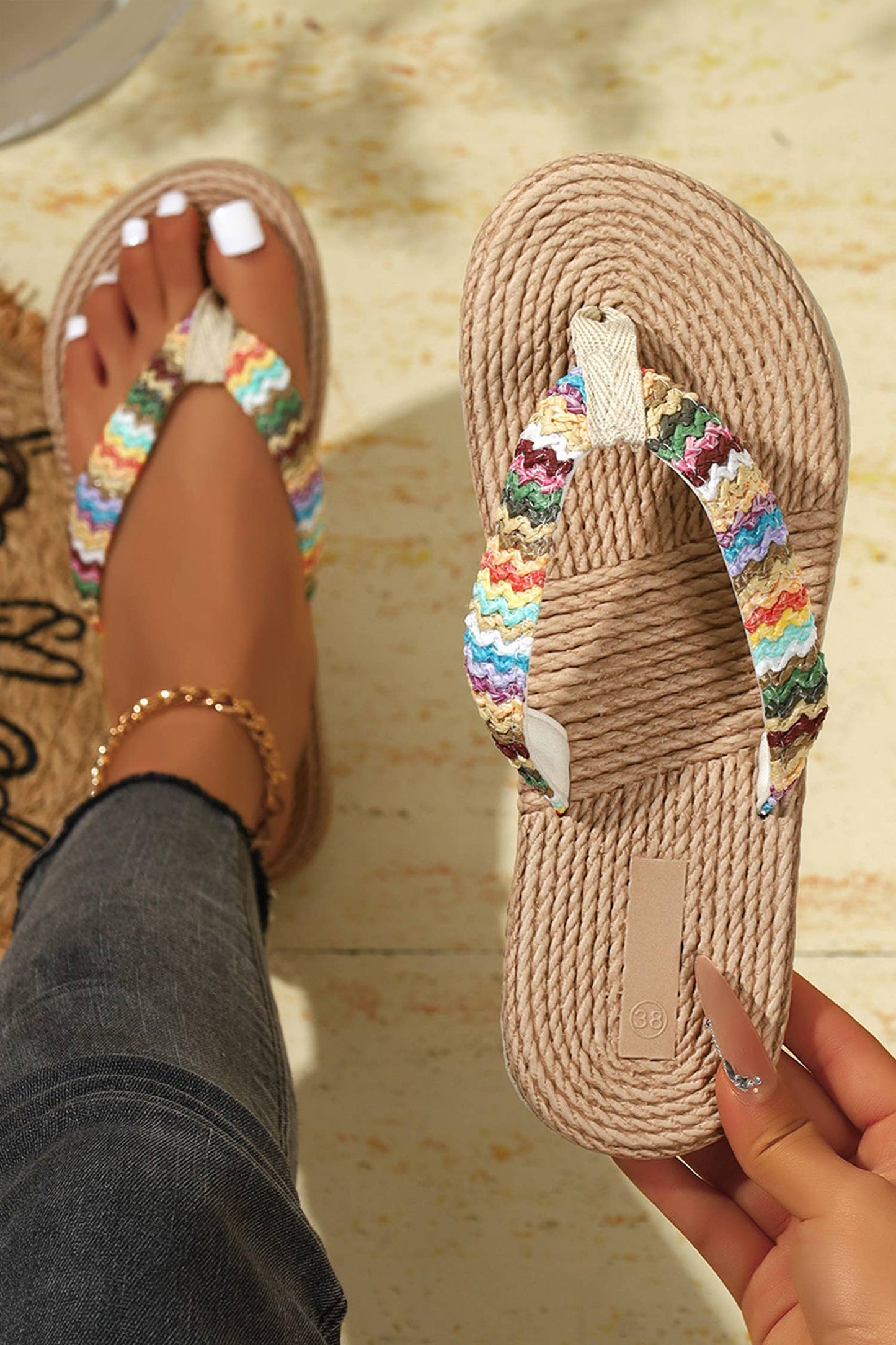 Bohemian Straw Woven Rainbow Strap Flip Flops