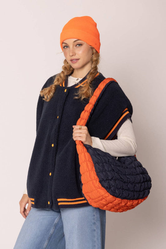 Navy & Orange Large Quilted Puffer Shoulder Bag